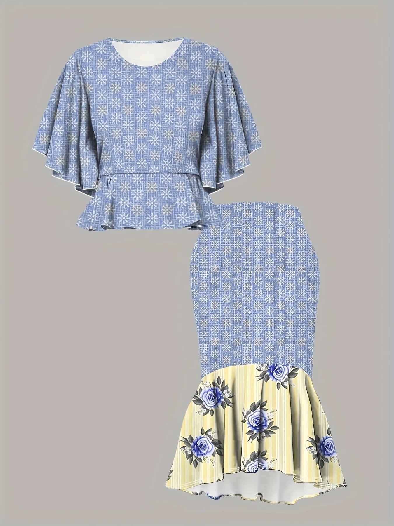 Plus Size Women's Blue Patterned Ruffle Sleeve Top + Floral Mermaid Skirt 2-Piece Set - Retro Casual Party Style (0XL-4XL)