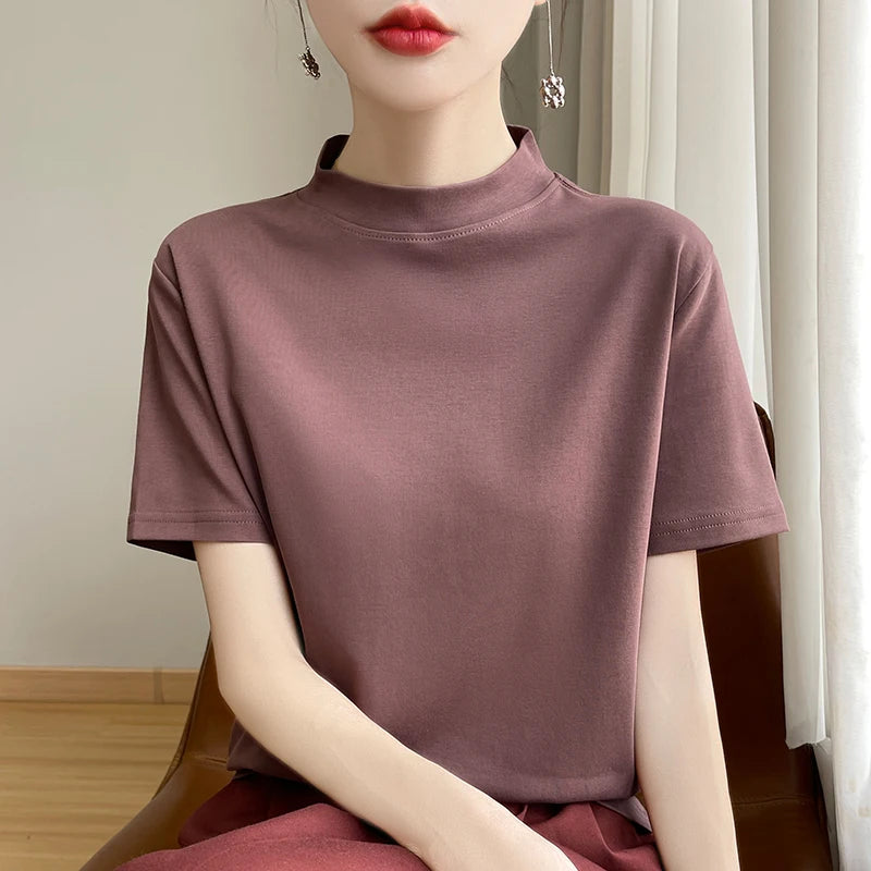Spring and Autumn New Semi-high-necked Cotton Short-sleeved Women's Stand-up T-shirt Joker Loose Sleeve Top Slim Bottom