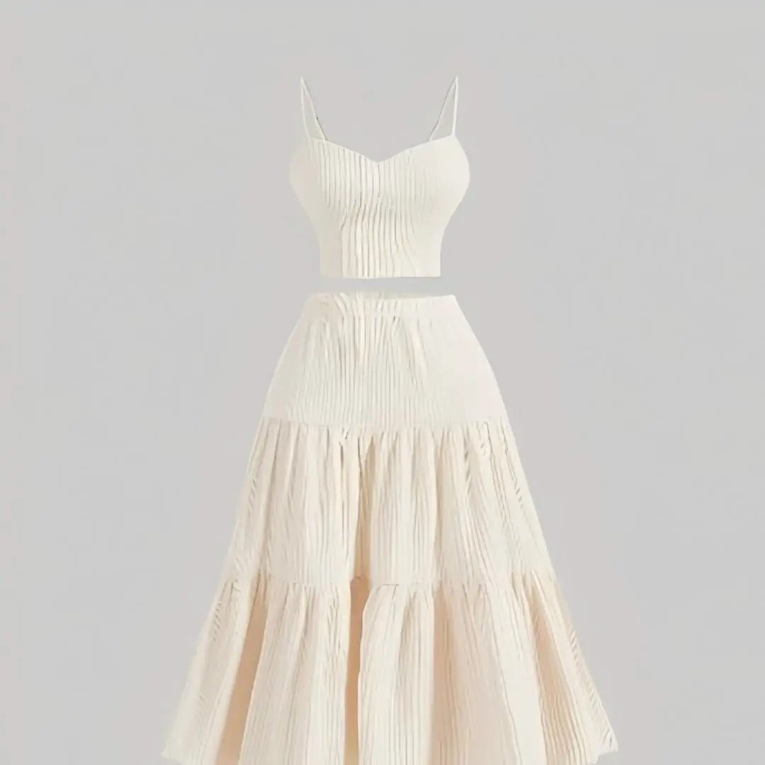 Plus Size Women's Beige Ribbed Cami Top + Tiered Maxi Skirt 2-Piece Set - Elegant Casual Party Style (0XL-4XL)