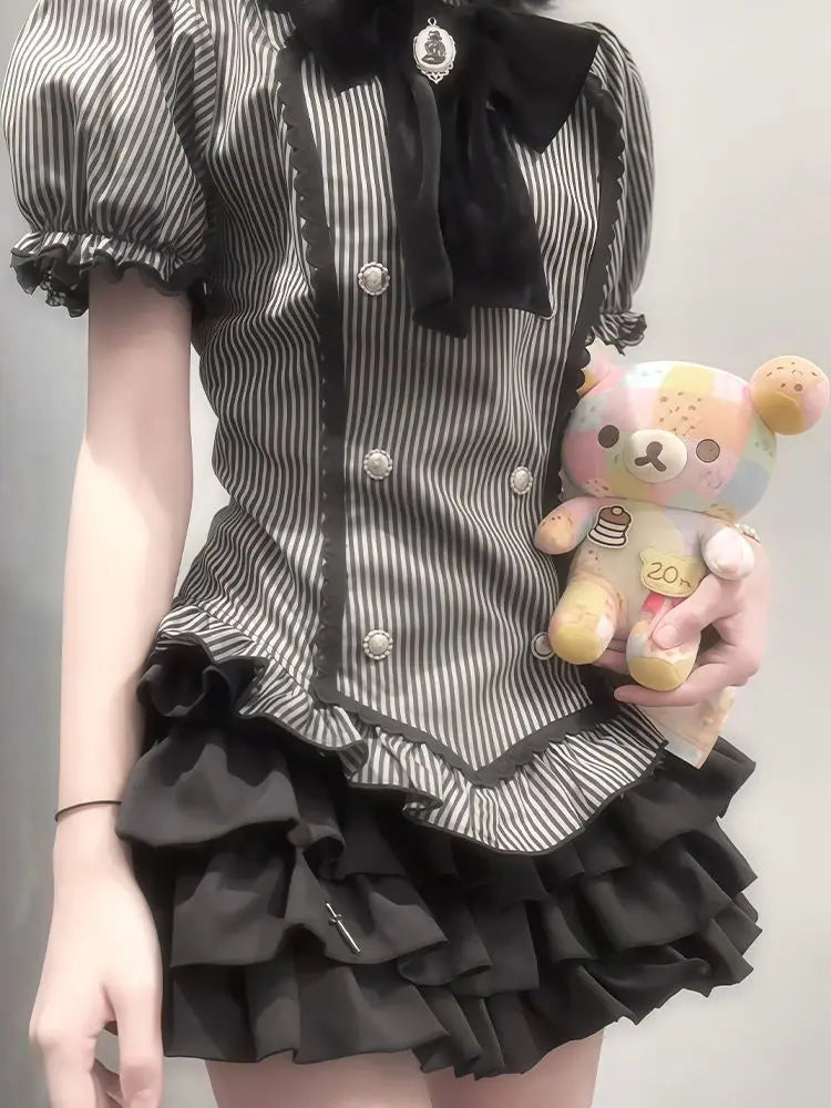 Japanese Harajuku Yami Kawaii 2 Piece Set Women's Short Sleeve Striped T Shirt + Mini Tiered Skirt Y2K Subculture Jirai Kei Set