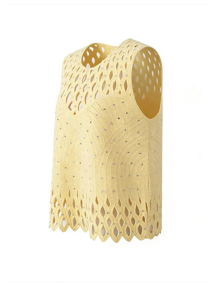 Women's French Vacation Style Hollow Out Rhinestone Knitted Vest + Skirt Set