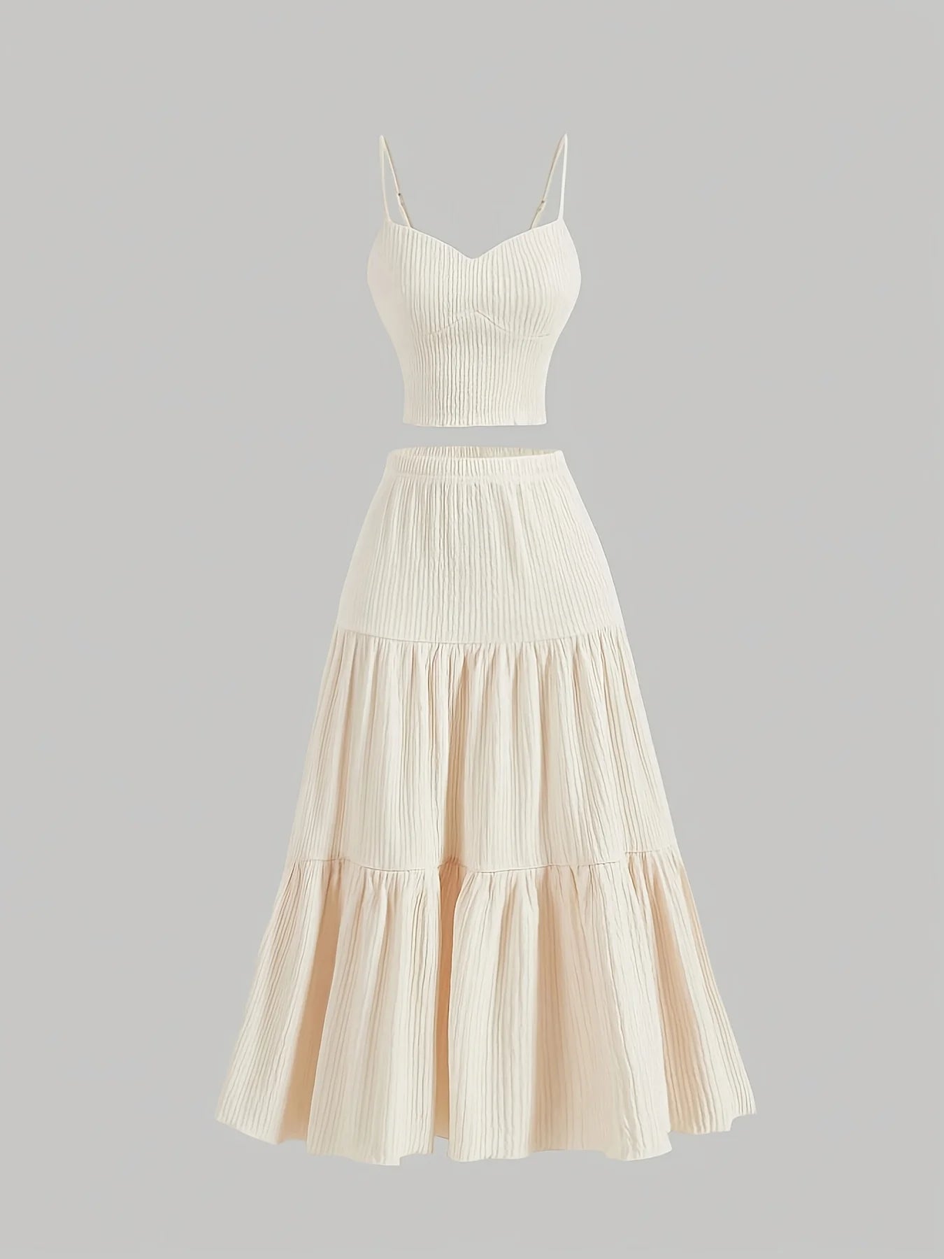 Plus Size Women's Beige Ribbed Cami Top + Tiered Maxi Skirt 2-Piece Set - Elegant Casual Party Style (0XL-4XL)