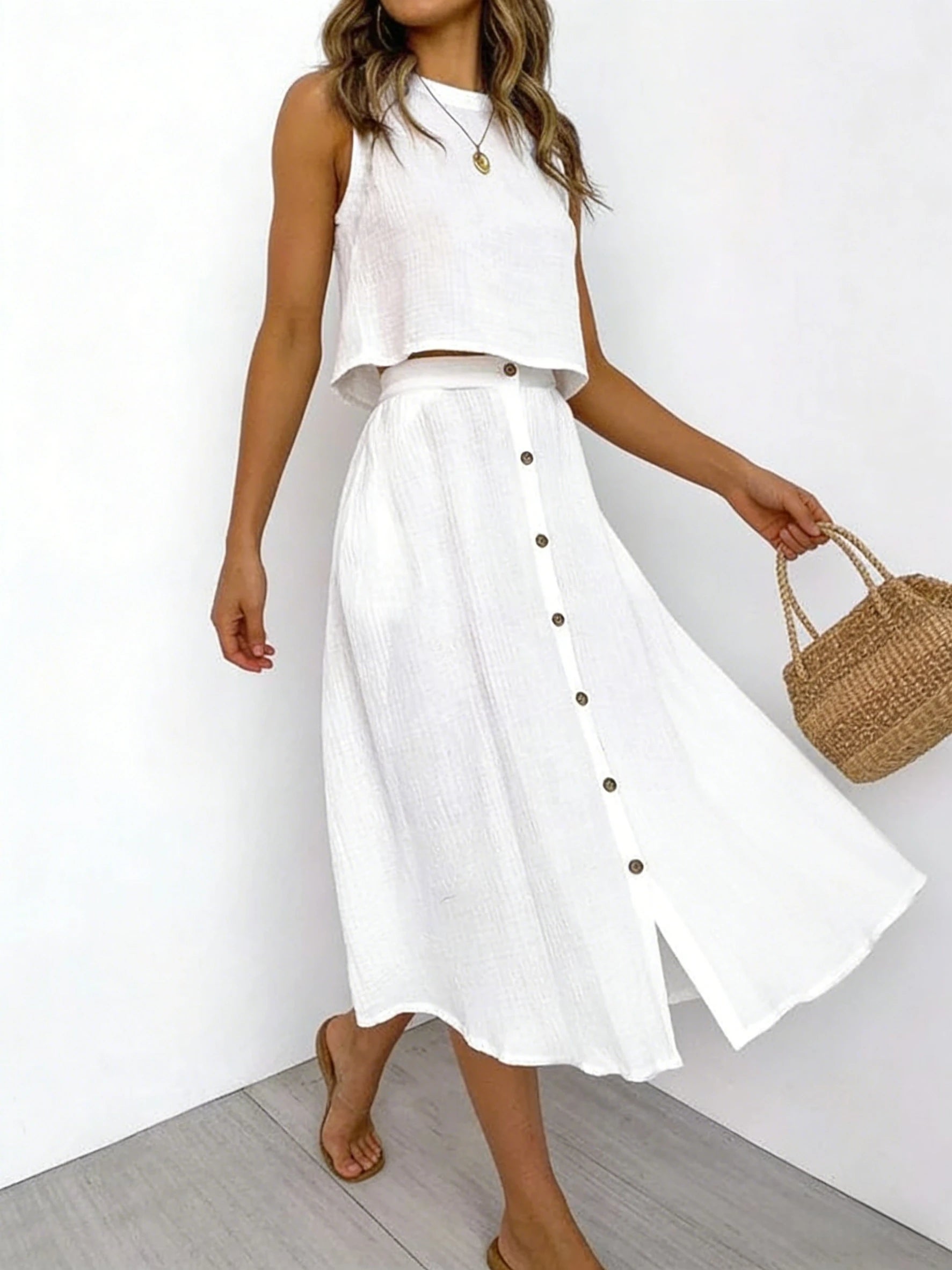 Women's White Linen Blend Two Piece Set Sleeveless Crop Top Midi Skirt Spring Summer Beach Vacation Daily Fashion Set
