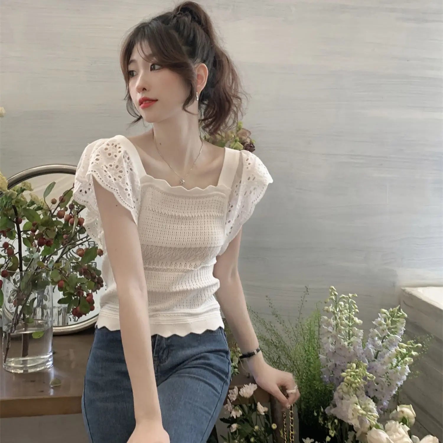 Summer 2026 Kawaii Women's Knit Vintage Butterfly Sleeve T-shirt Female Square Collar Cute Short Sleeve Tee Casual Crochet Tops