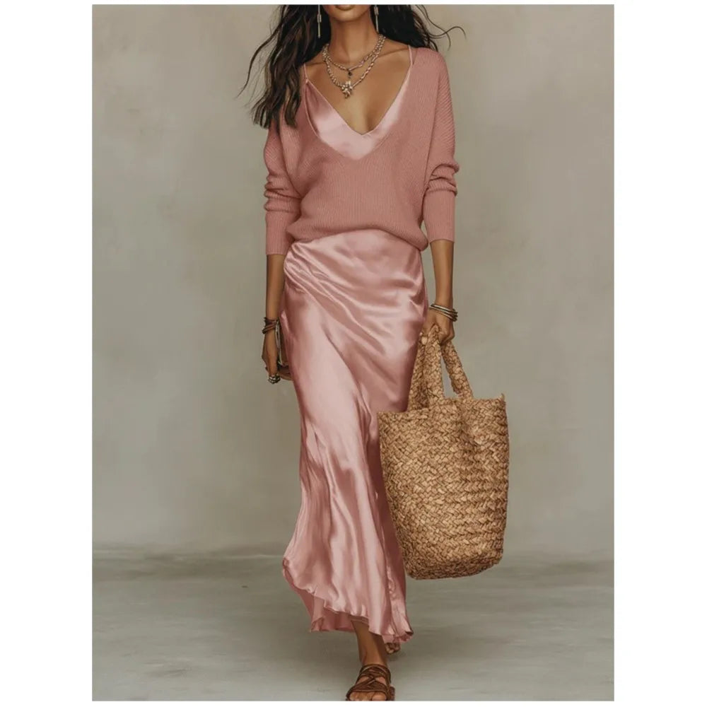 Spring Summer New Solid Color Satin Suspender Skirt And Knitted Top 2-piece Elegant Women's Slim Commuting Long Dress Set 2026