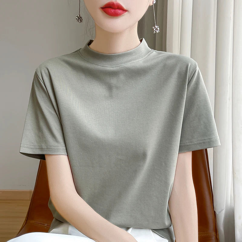 Spring and Autumn New Semi-high-necked Cotton Short-sleeved Women's Stand-up T-shirt Joker Loose Sleeve Top Slim Bottom