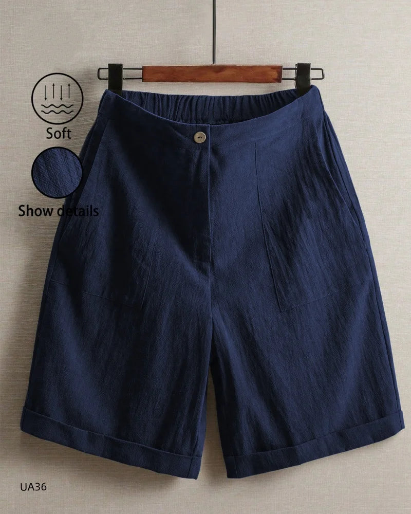 Women's High Waist Cotton Linen Blend Shorts  Elastic Waist with Pockets Summer Casual Loose Wide Leg Rolled Hem Female Pants