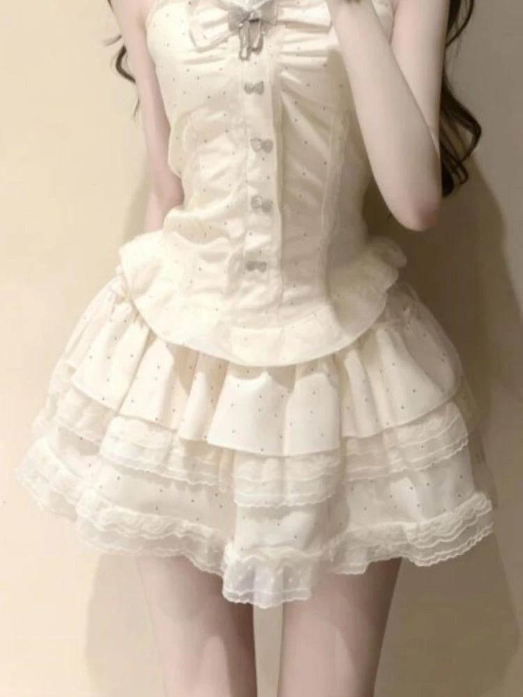 Japanese Fashion Y2k Elegant 2 Piece Set Women Sweet Sleeveless Tops + Mini Skirts Vintage Casual Outwear Korean Popular Clothes