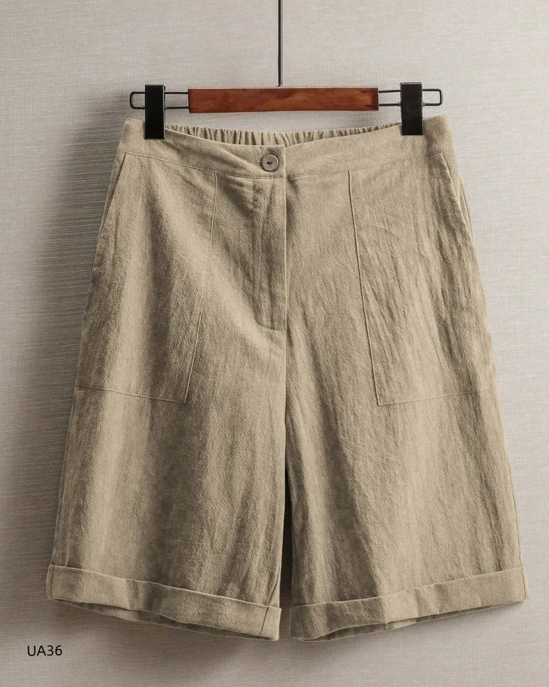 Women's Casual Cotton Linen Knee-Length Shorts Summer Elastic Waist Bermuda Shorts with Pockets female street wear Hot sell