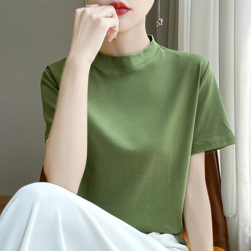 Spring and Autumn New Semi-high-necked Cotton Short-sleeved Women's Stand-up T-shirt Joker Loose Sleeve Top Slim Bottom
