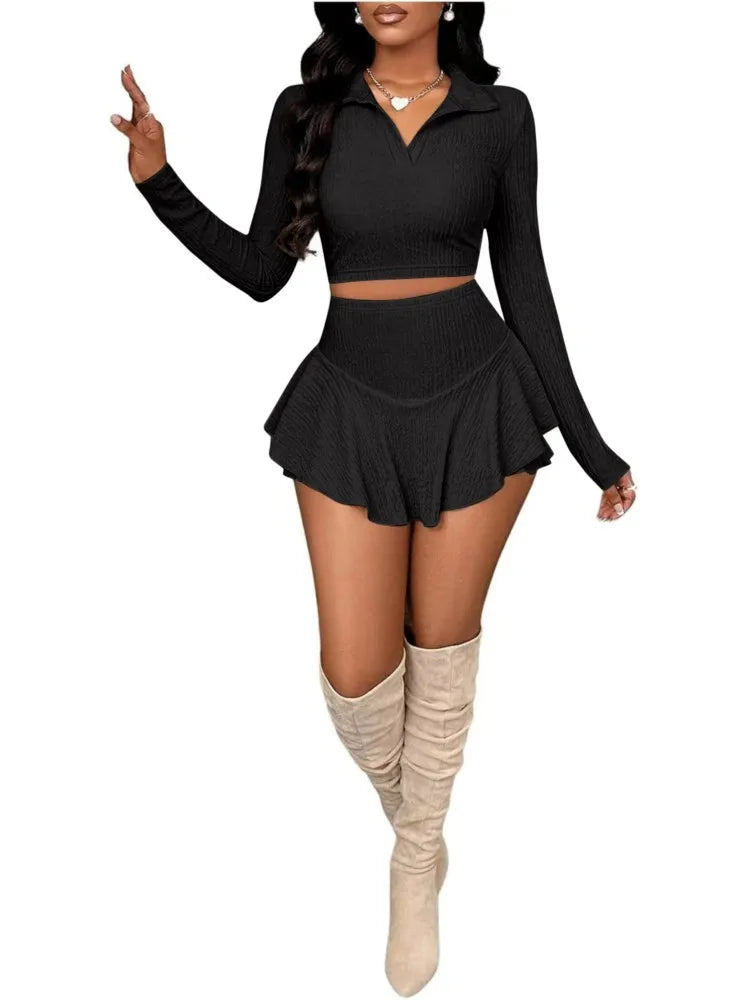 Fashion Sexy Short Top Baseball Uniform Sports Women's 2-piece Set Spring Summer New Long Sleeves Short Skirt Elegant Female Set