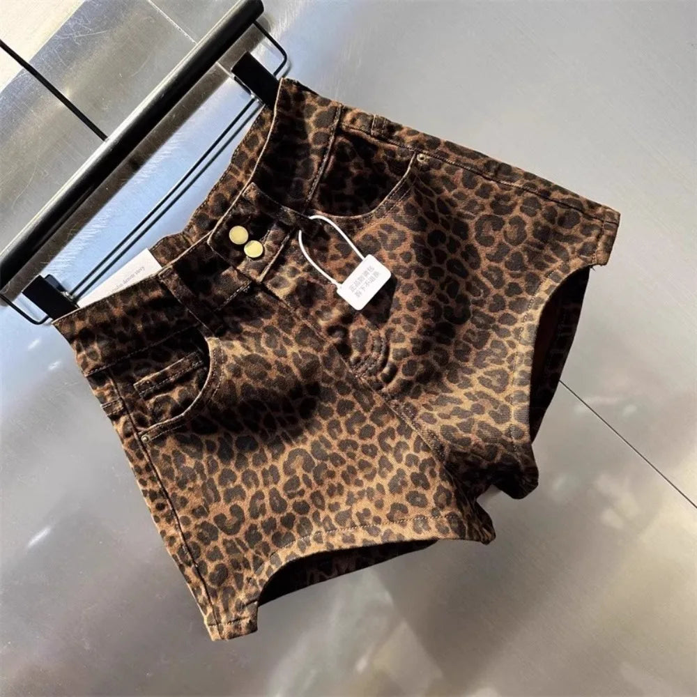 2025 Leopard Print High Waist Denim Shorts Women's New Irregular Fashion Wide-leg Booty Jeans Mini Shorts Summer Streetwear