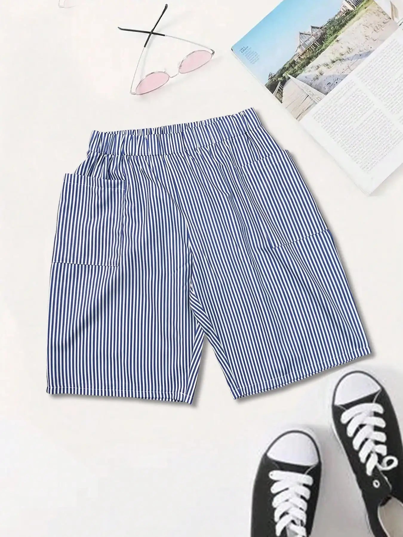 Women's Striped Print High Waist Shorts Casual Elastic Waist Pocket Shorts