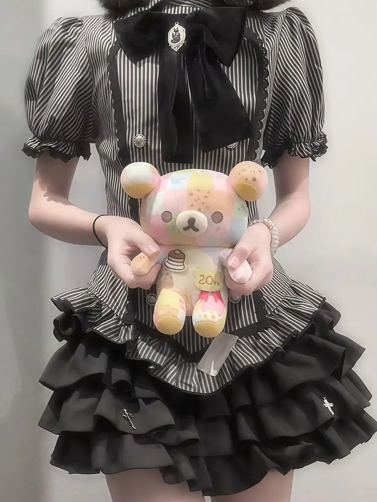 Japanese Harajuku Yami Kawaii 2 Piece Set Women's Short Sleeve Striped T Shirt + Mini Tiered Skirt Y2K Subculture Jirai Kei Set