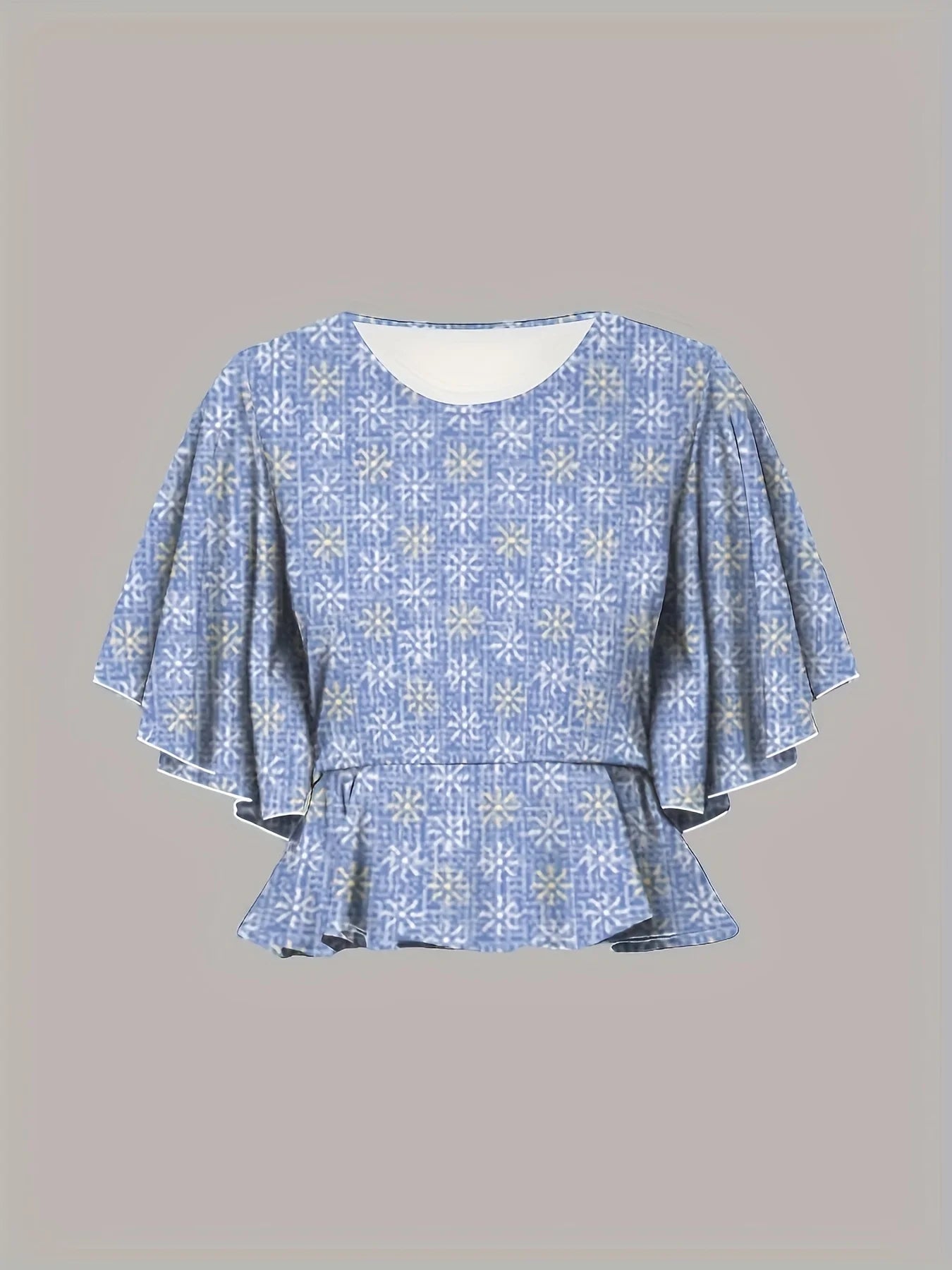 Plus Size Women's Blue Patterned Ruffle Sleeve Top + Floral Mermaid Skirt 2-Piece Set - Retro Casual Party Style (0XL-4XL)