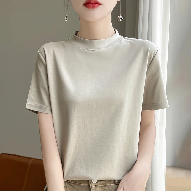 Spring and Autumn New Semi-high-necked Cotton Short-sleeved Women's Stand-up T-shirt Joker Loose Sleeve Top Slim Bottom