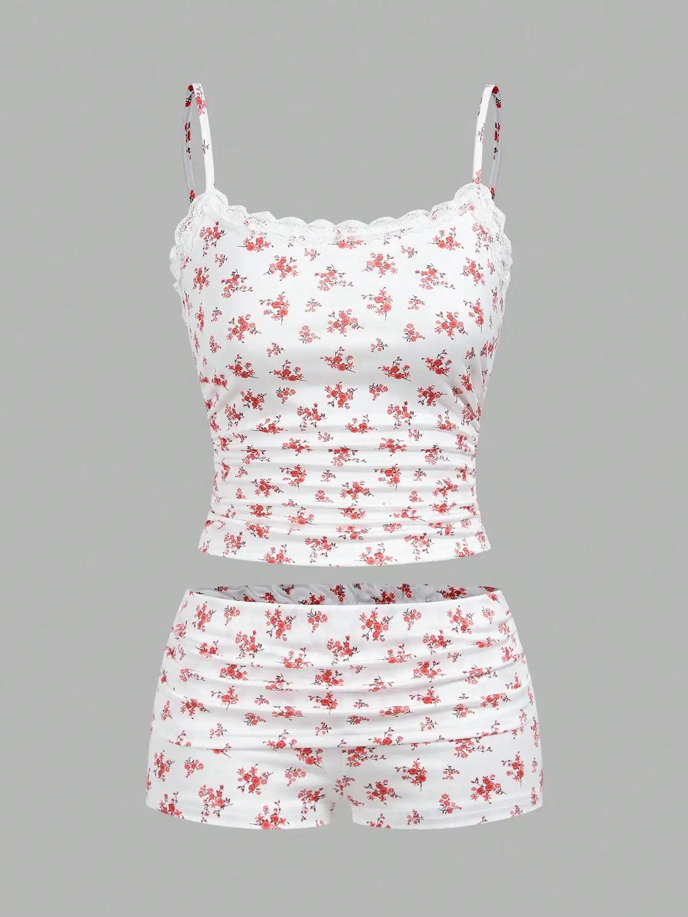 European and American spring and summer flower print lace neckline casual pants set