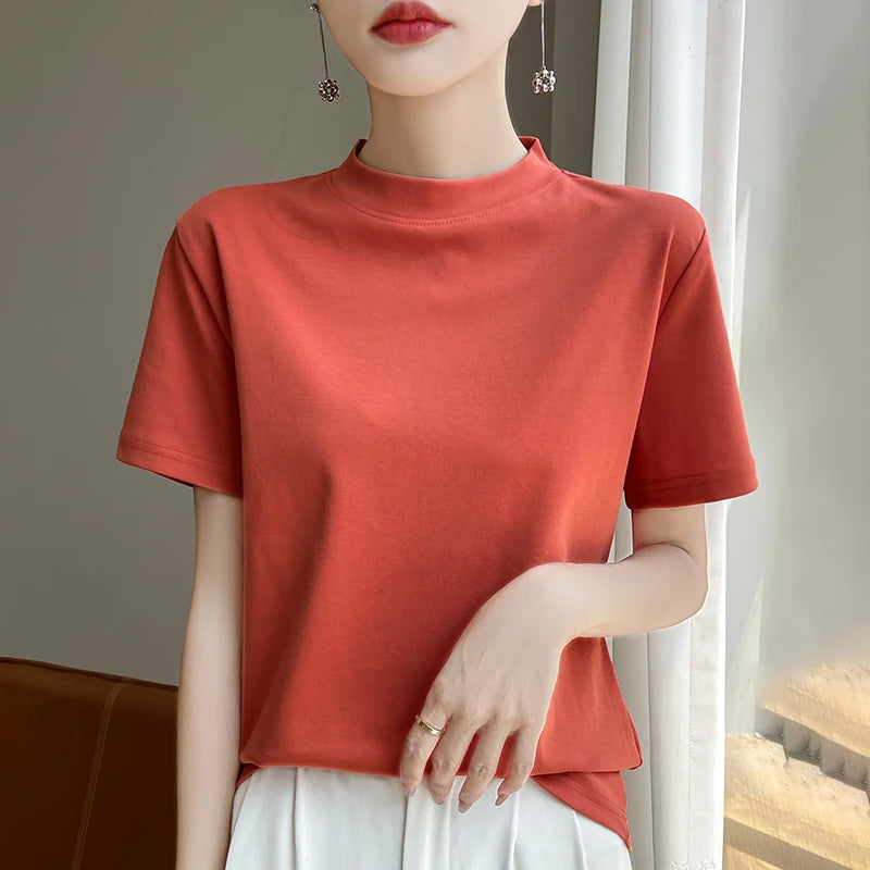 Spring and Autumn New Semi-high-necked Cotton Short-sleeved Women's Stand-up T-shirt Joker Loose Sleeve Top Slim Bottom