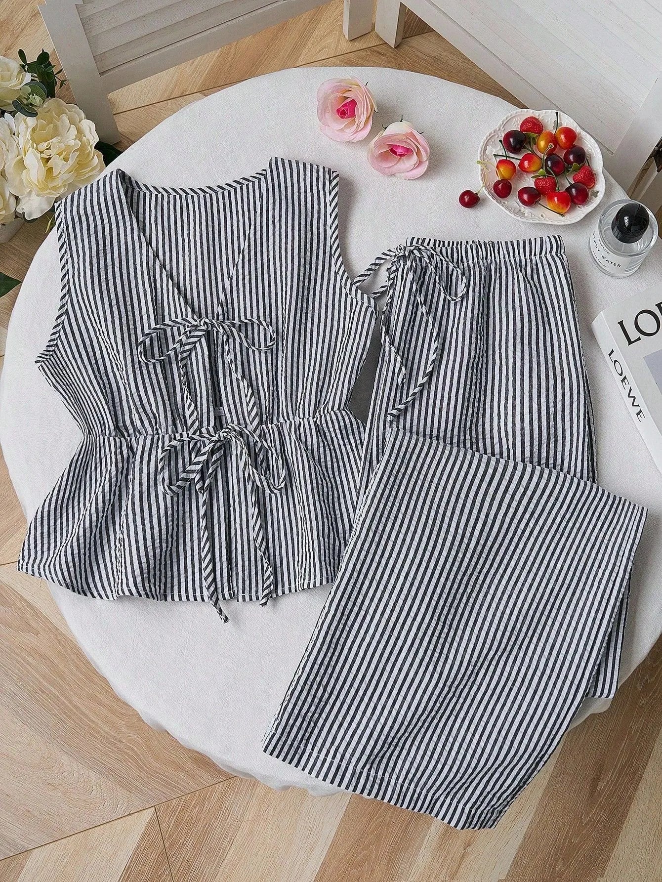 2026 Summer Two Piece Set Women Striped V Neck Lace Up Sleeveless Blouse High Waist Wide Leg Pants Suits Sweet Casual Tracksuits