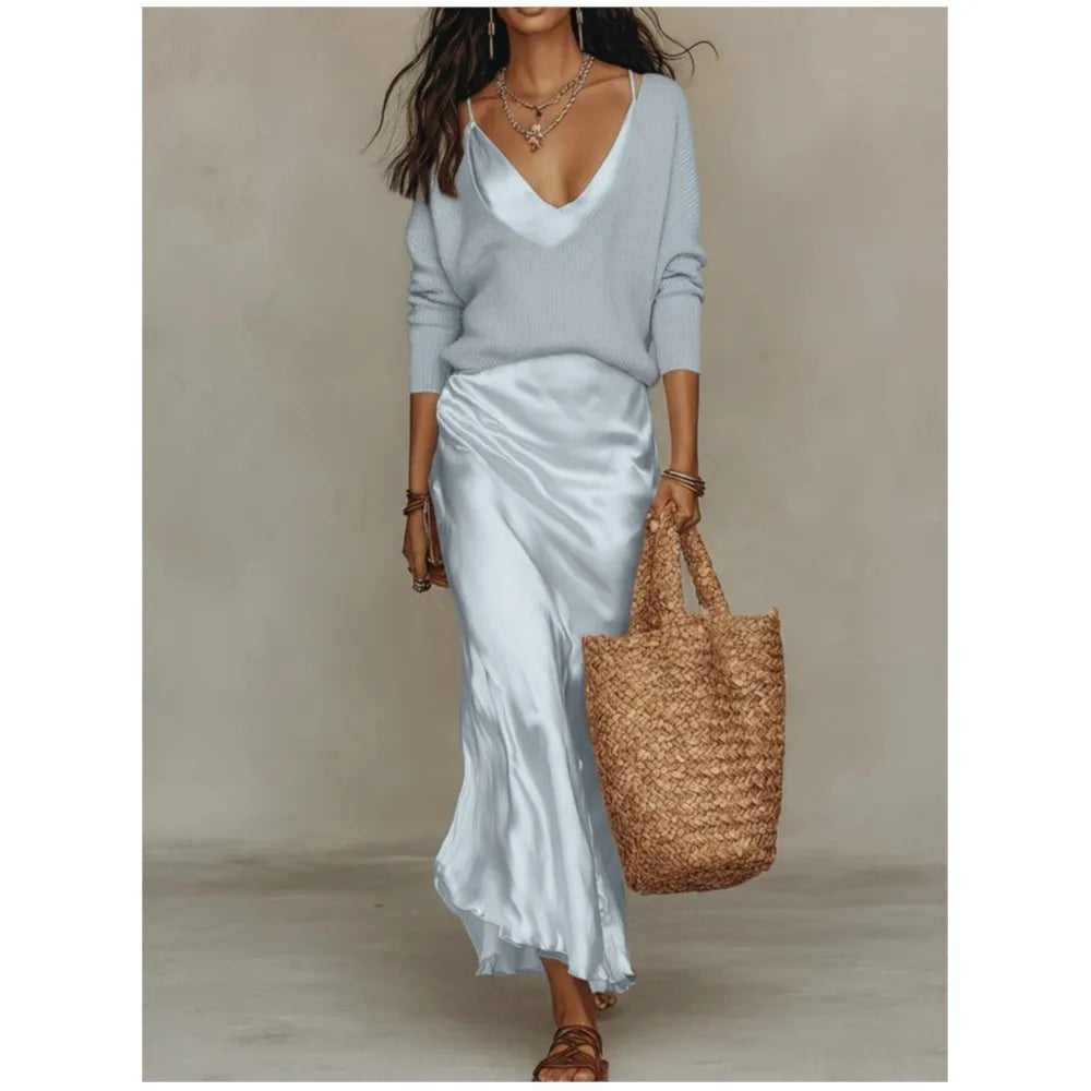 Spring Summer New Solid Color Satin Suspender Skirt And Knitted Top 2-piece Elegant Women's Slim Commuting Long Dress Set 2026