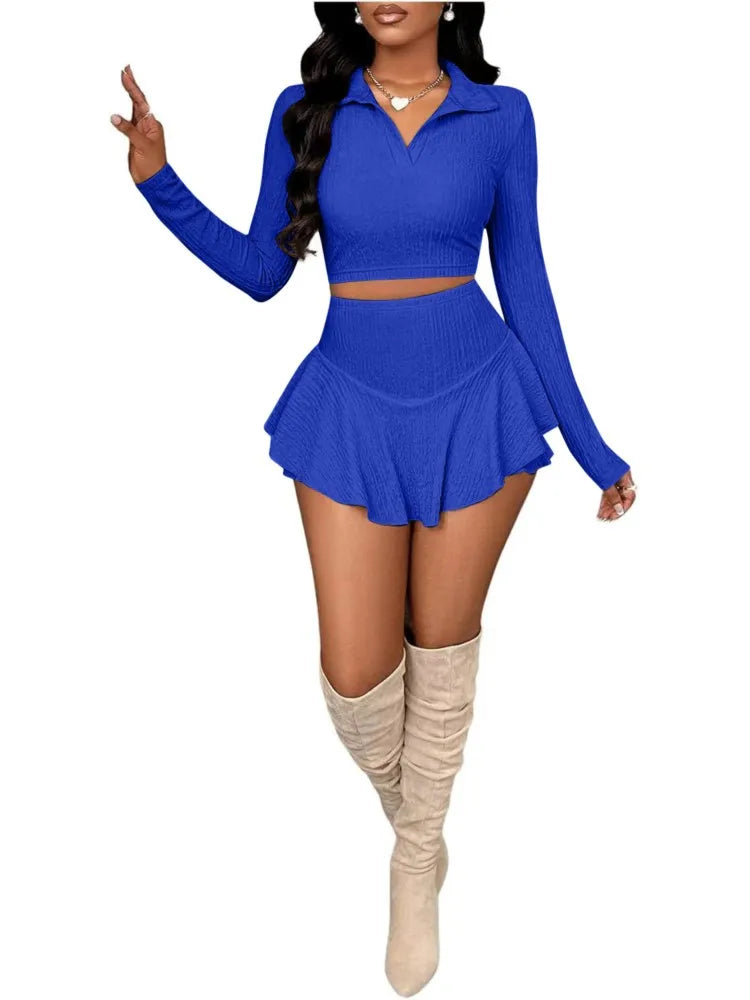 Fashion Sexy Short Top Baseball Uniform Sports Women's 2-piece Set Spring Summer New Long Sleeves Short Skirt Elegant Female Set