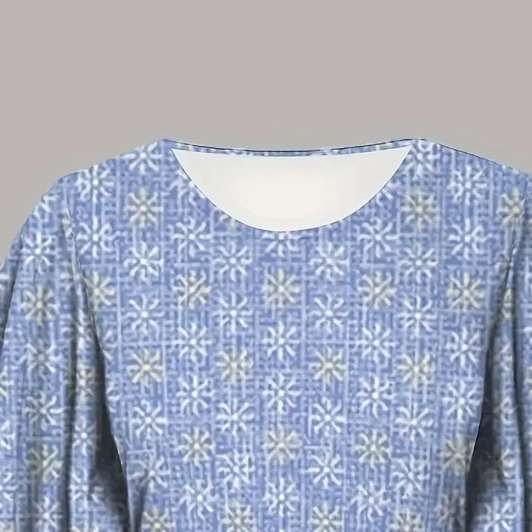 Plus Size Women's Blue Patterned Ruffle Sleeve Top + Floral Mermaid Skirt 2-Piece Set - Retro Casual Party Style (0XL-4XL)