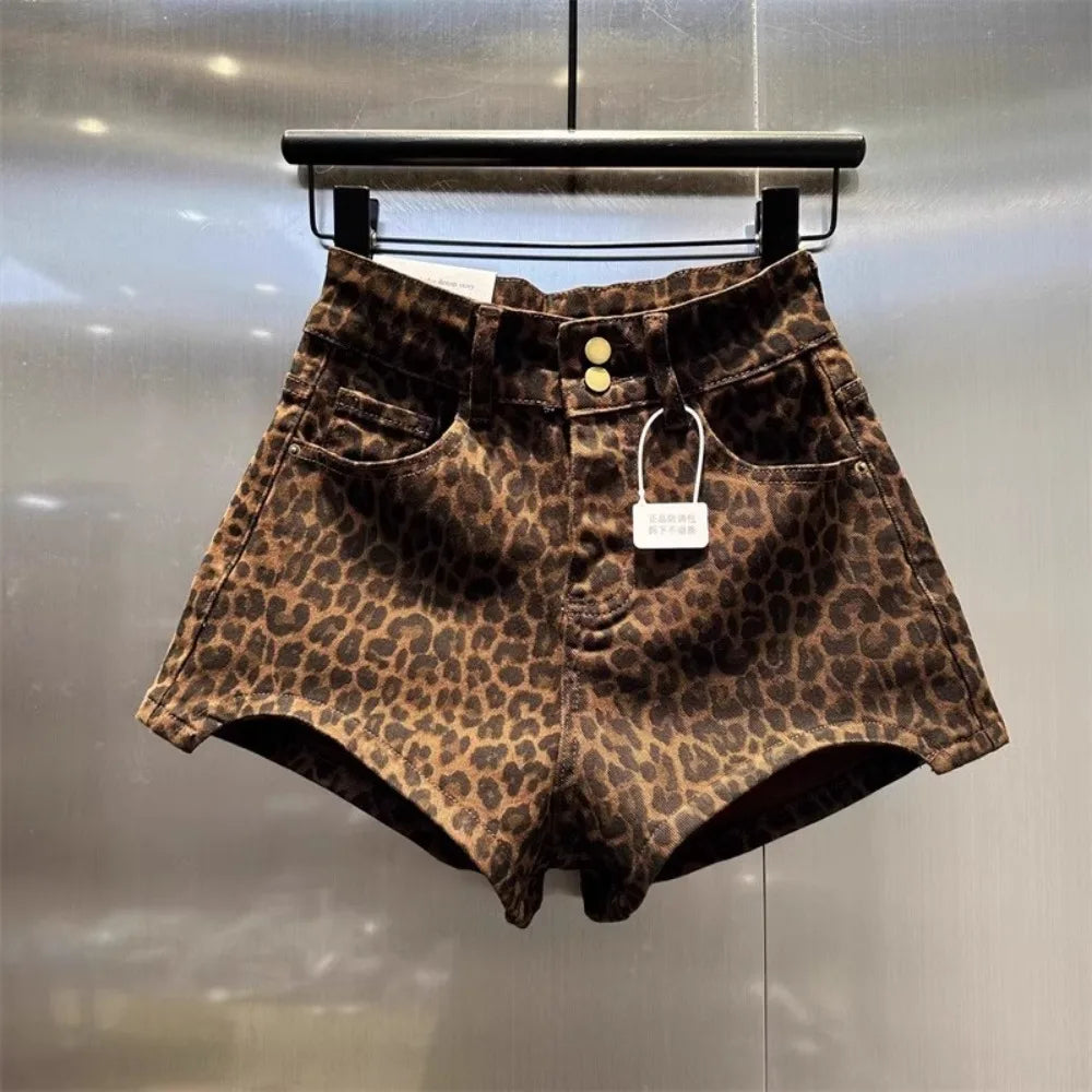 2025 Leopard Print High Waist Denim Shorts Women's New Irregular Fashion Wide-leg Booty Jeans Mini Shorts Summer Streetwear