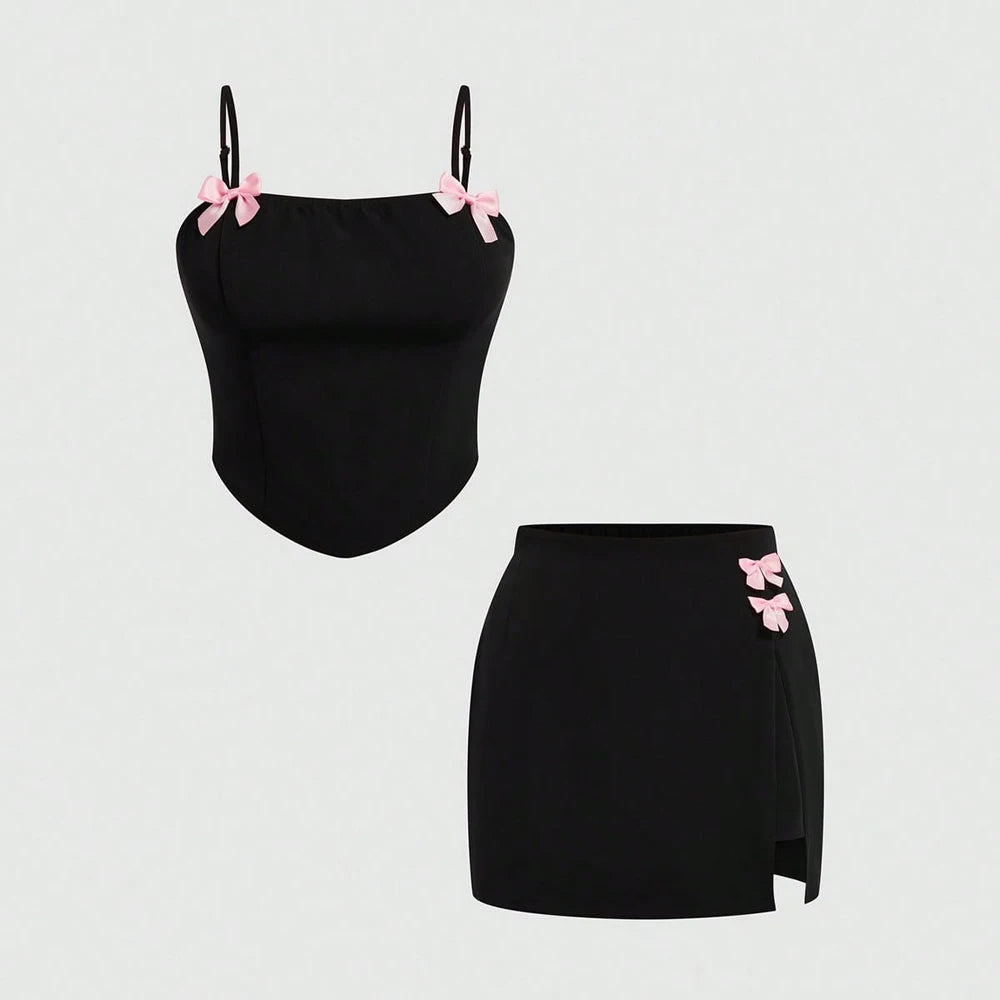 Plus Size 2025 Summer New Women's Spring and Summer Sexy Suspenders Top Bowknot Slit Half Skirt Romantic Girl Two Piece Set