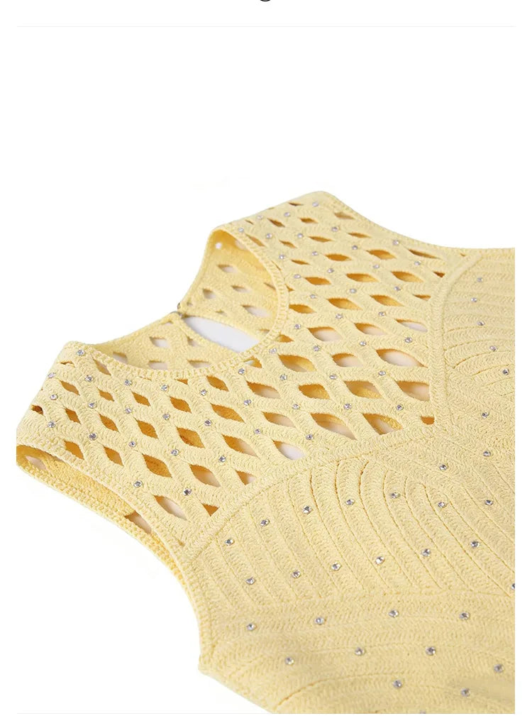 Women's French Vacation Style Hollow Out Rhinestone Knitted Vest + Skirt Set