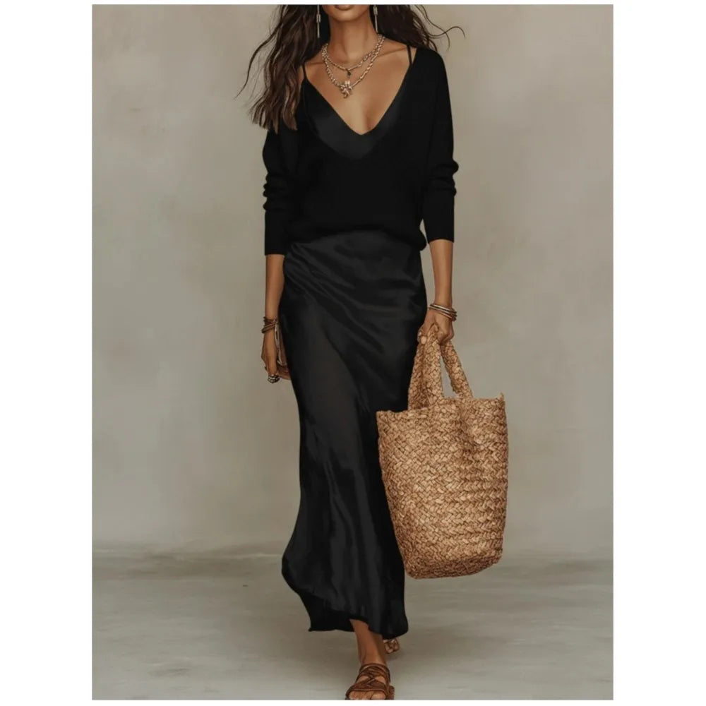 Spring Summer New Solid Color Satin Suspender Skirt And Knitted Top 2-piece Elegant Women's Slim Commuting Long Dress Set 2026