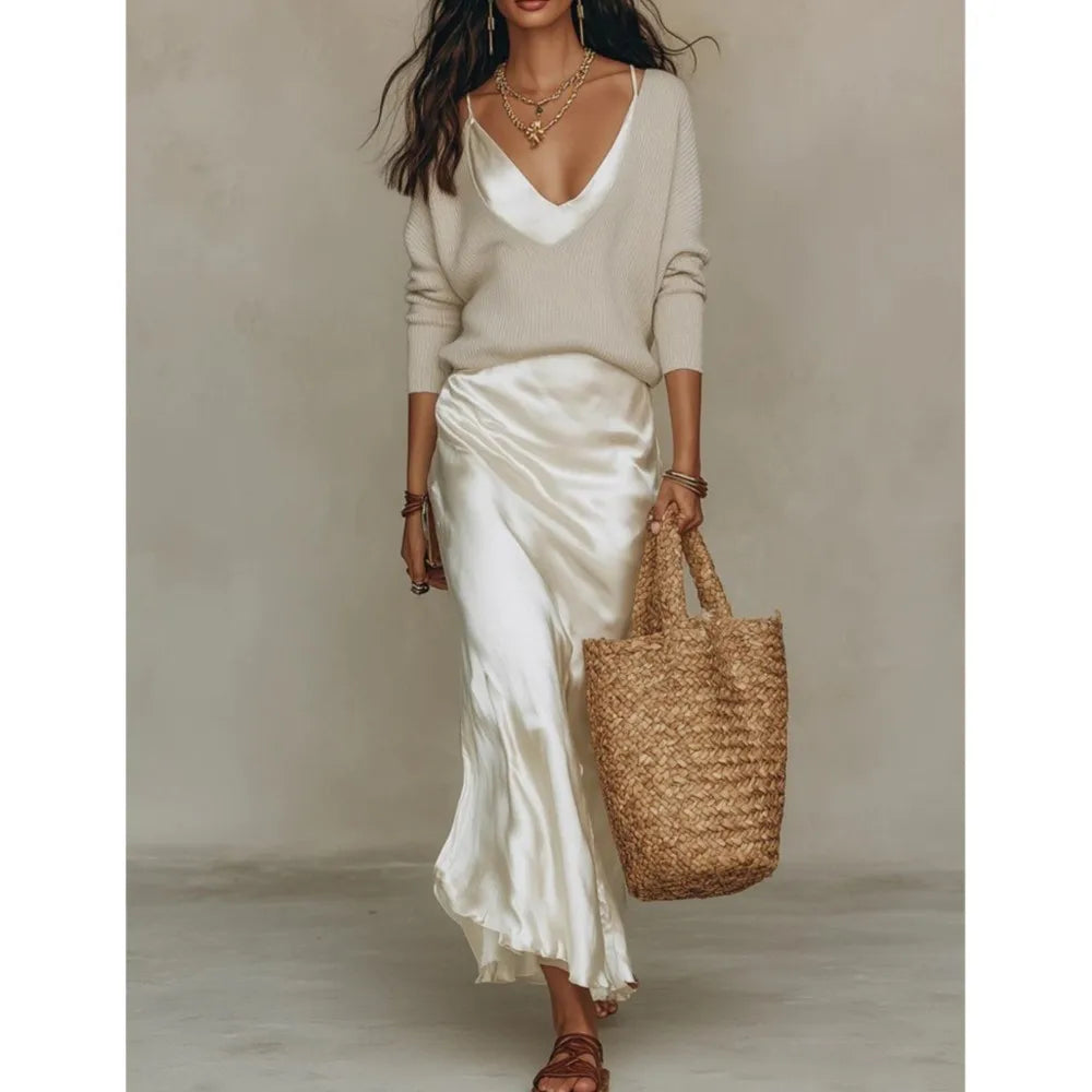 Spring Summer New Solid Color Satin Suspender Skirt And Knitted Top 2-piece Elegant Women's Slim Commuting Long Dress Set 2026