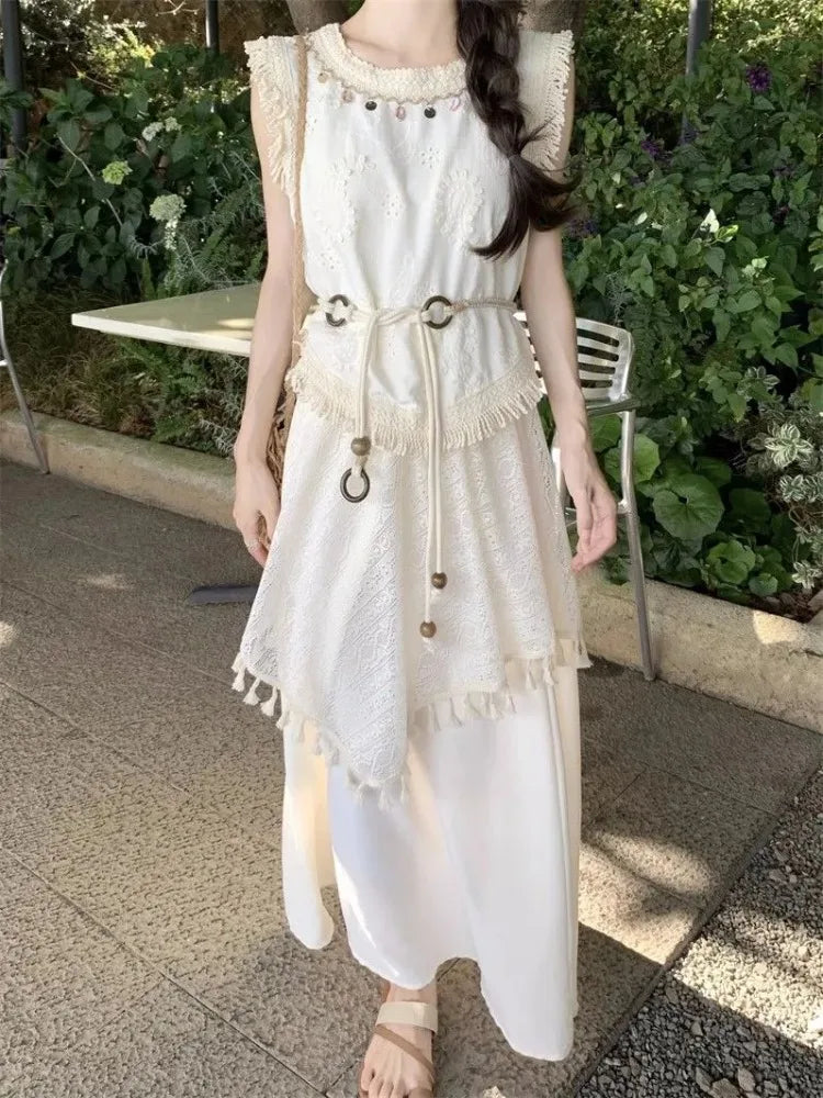 Cutout Tassel Two Piece Set for Women 2026 Summer New Arrival Spaghetti Strap Cami Top High Waist Party Midi Skirt Casual Trendy