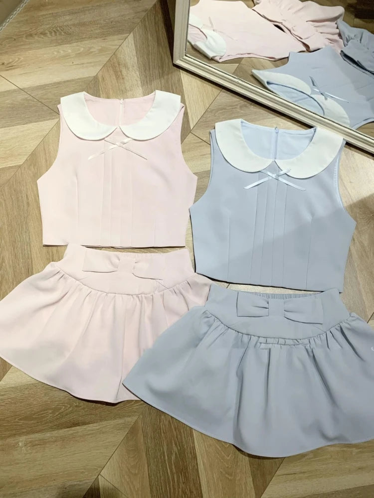 Korean Fashion Doll Collar Sleeveless Tow-piece Set Women's Japanese Sweet New Hot Girl Harajuku Preppy Style Short Skirt Suit