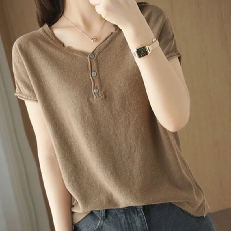 Summer 100% pure cotton women's T-shirt V-neck knitted short sleeved loose Tees solid color pullover button Tops basic versatile