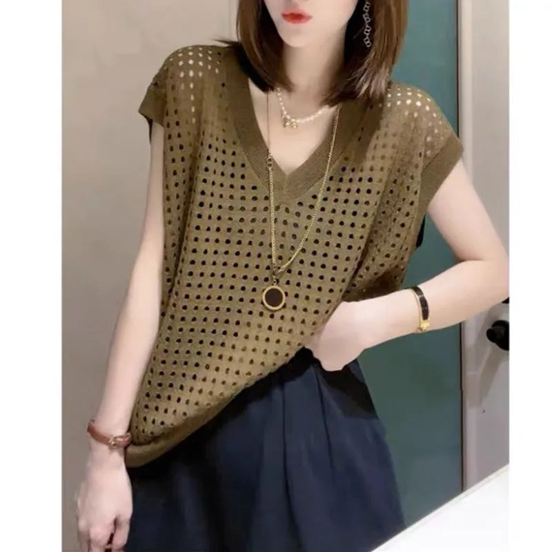 Female T-Shirt Knitted Top Solid V-Neck Hollow Out Tees Poleras Mujer De Moda Summer Polera Blanca Hot Casual Korean Style Women