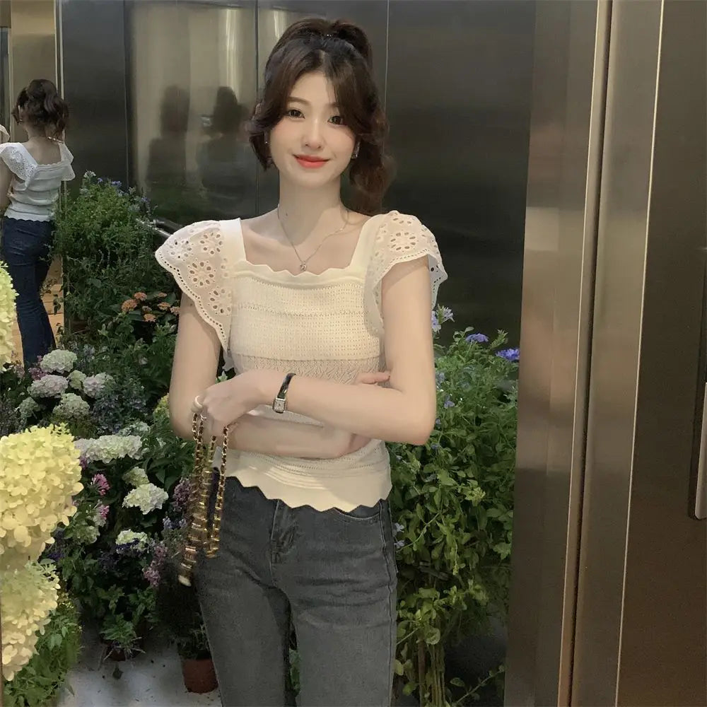 Summer 2026 Kawaii Women's Knit Vintage Butterfly Sleeve T-shirt Female Square Collar Cute Short Sleeve Tee Casual Crochet Tops