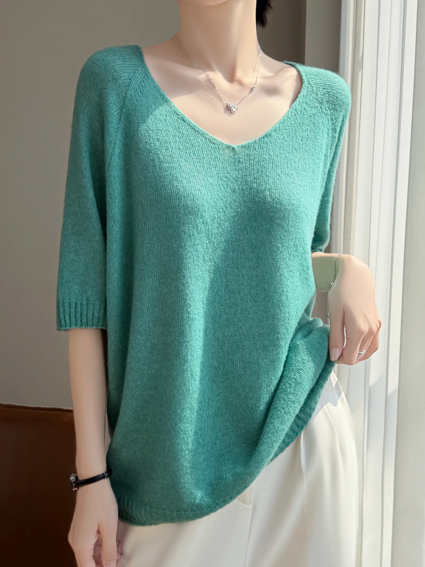 Basic Spring Summer Women's T-Shirts Wool Blend Female Knitwear Loose Pullover Cozy Blouse Half Sleeve Clothing Plus Size Tops