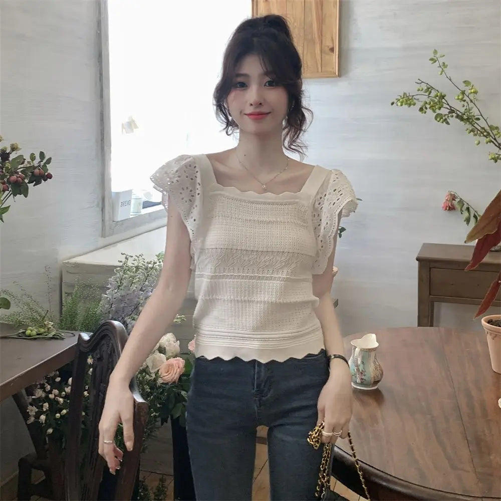 Summer 2026 Kawaii Women's Knit Vintage Butterfly Sleeve T-shirt Female Square Collar Cute Short Sleeve Tee Casual Crochet Tops