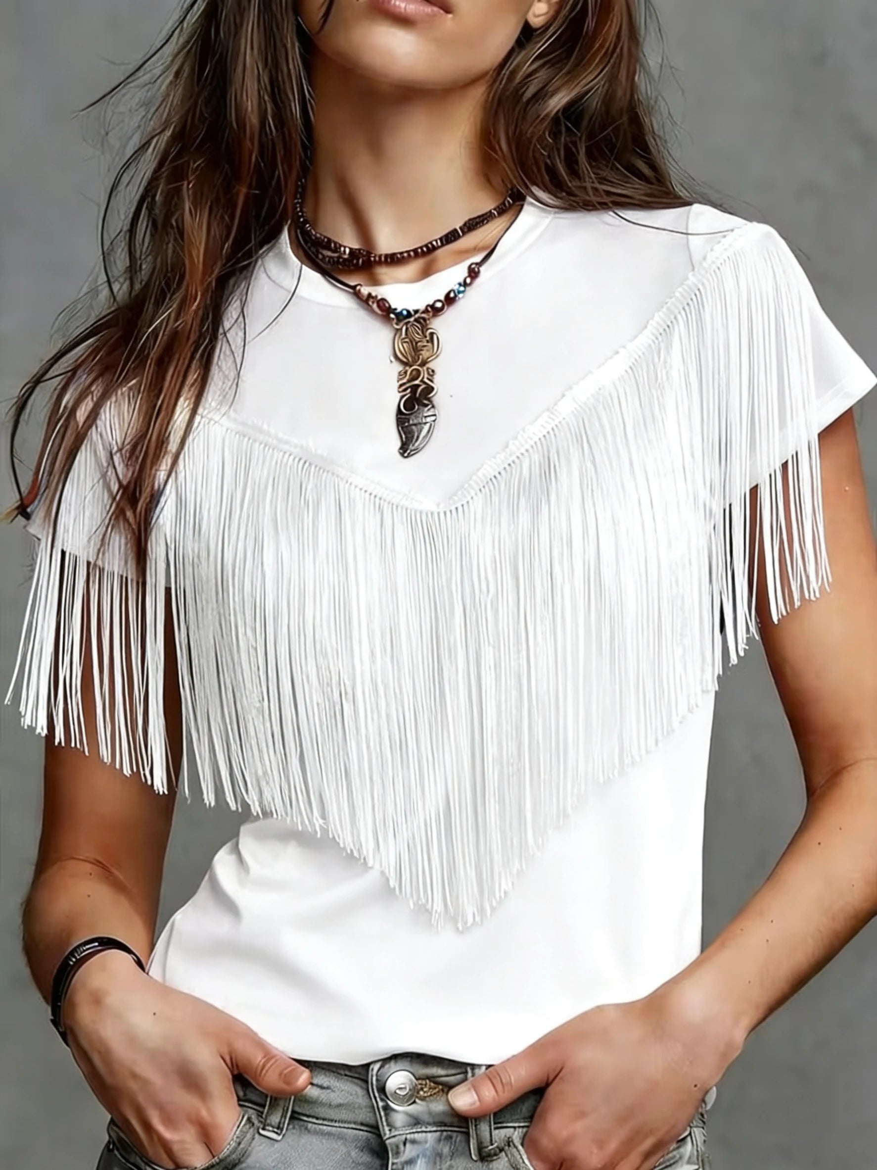 New Women's round Neck Solid Color Tassel Design Short Sleeve T-Shirt Fashionable Ladies' Top