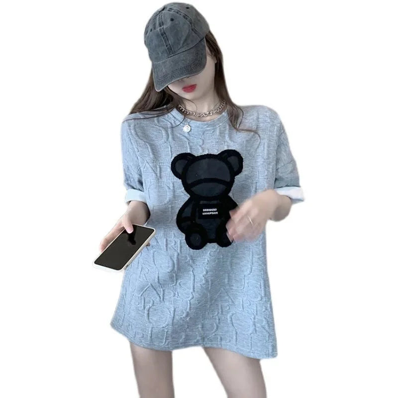 Summer Cotton Short Sleeve T Shirts Women Casual Cartoon Bear Loose T-shirt O-neck Basic Crop Tops High Streetwear Fashion Tees