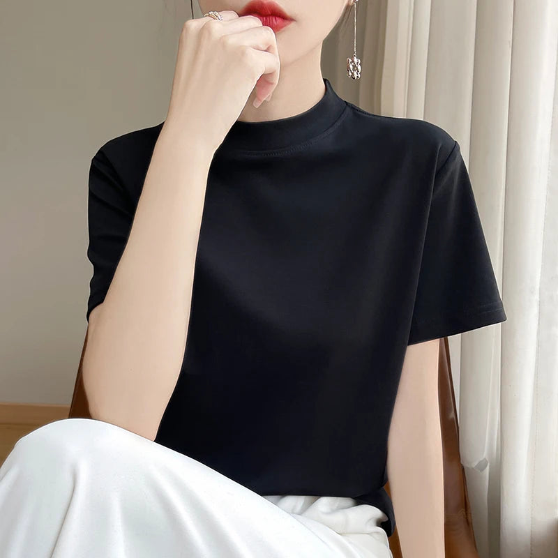 Spring and Autumn New Semi-high-necked Cotton Short-sleeved Women's Stand-up T-shirt Joker Loose Sleeve Top Slim Bottom