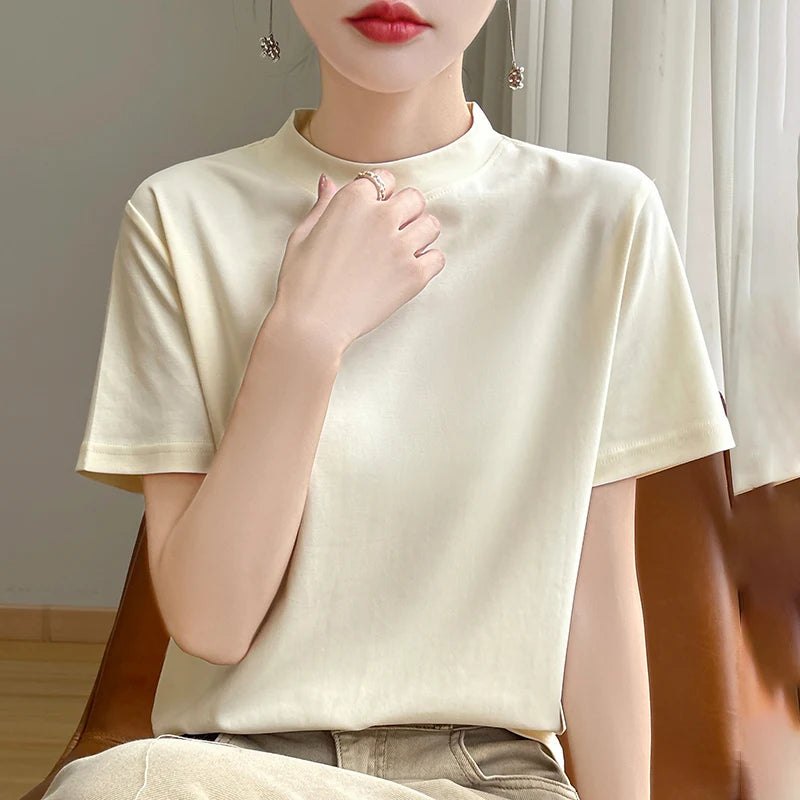 Spring and Autumn New Semi-high-necked Cotton Short-sleeved Women's Stand-up T-shirt Joker Loose Sleeve Top Slim Bottom