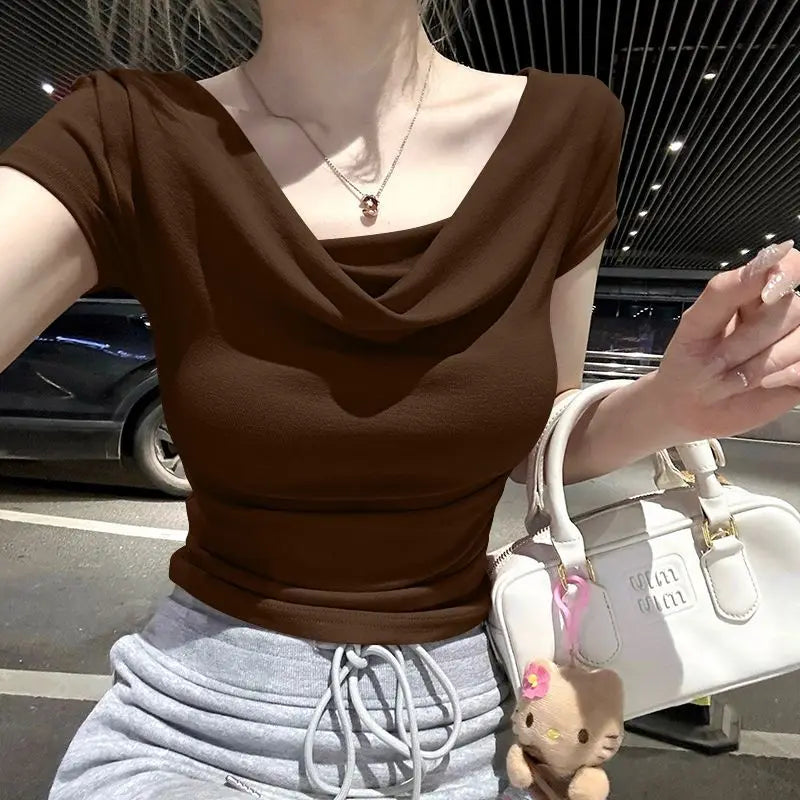 Summer Thread Solid Color Beach Fashion Versatile Women's Short Sleeved T-shirt Casual Lightweight Breathable Sexy Women's Top