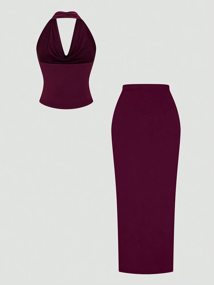 Plus Size Ms. Burgundy Sexy Romantic Urban Woman Sleeveless Neck Swing Neck Top + Split Half Skirt Long Skirt Two Piece Set