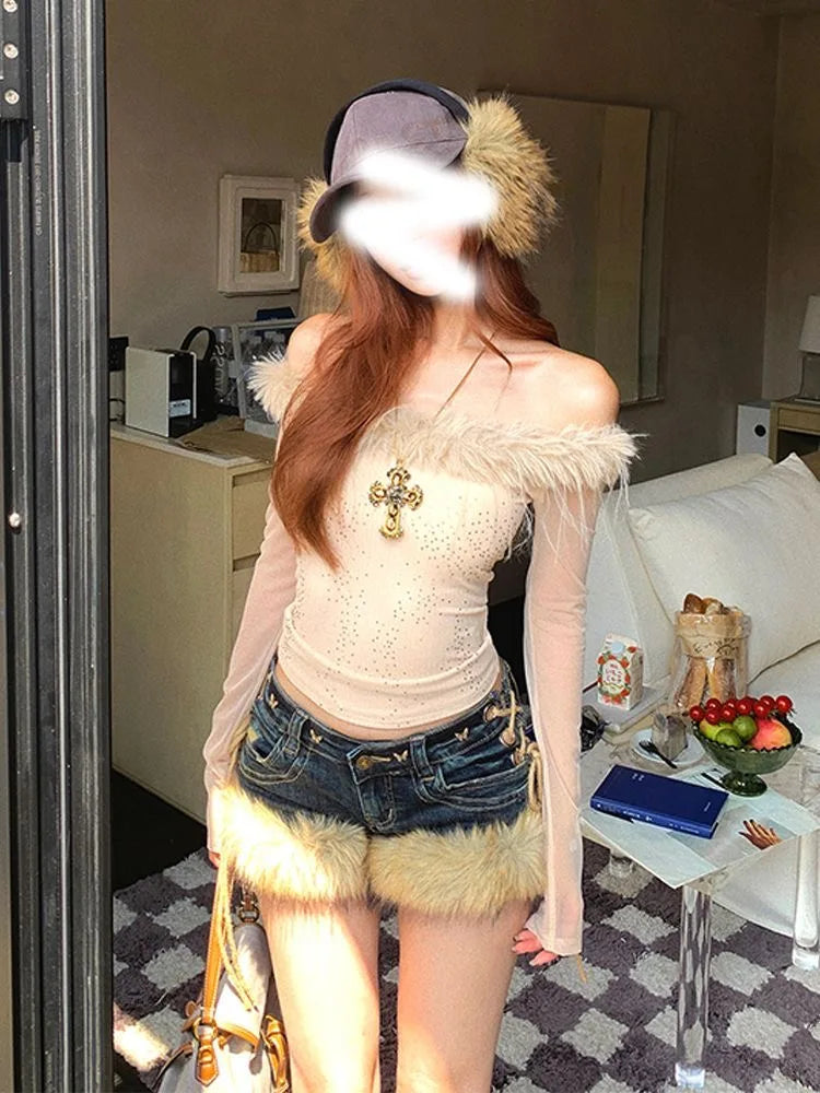 Y2k Low-rise Shorts Jeans Strap Slim Hot Pants Winter New Women's Retro Design Fluffy Splicing Jeans Shorts