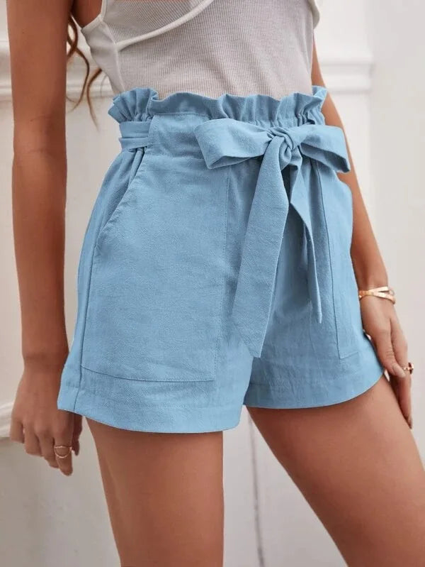 New Spring and Summer Bow Tie Band Loose Women's Casual Shorts with Pockets, Solid Color High Waist Wide Leg Three-Quarter Pants