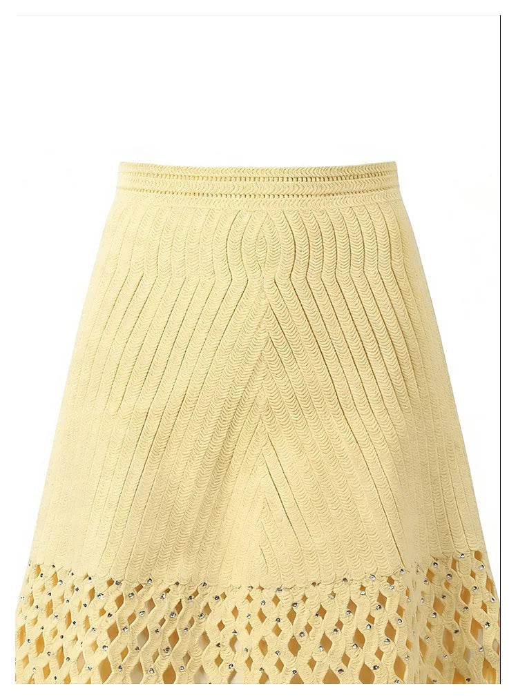 Women's French Vacation Style Hollow Out Rhinestone Knitted Vest + Skirt Set