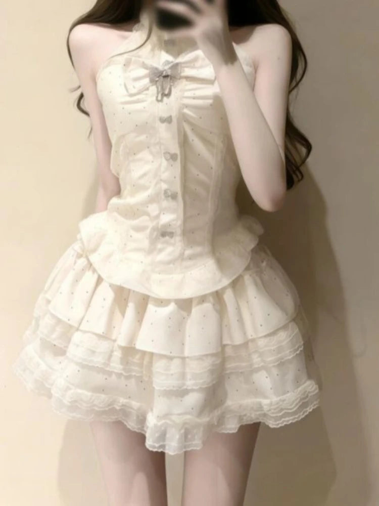 Japanese Fashion Y2k Elegant 2 Piece Set Women Sweet Sleeveless Tops + Mini Skirts Vintage Casual Outwear Korean Popular Clothes