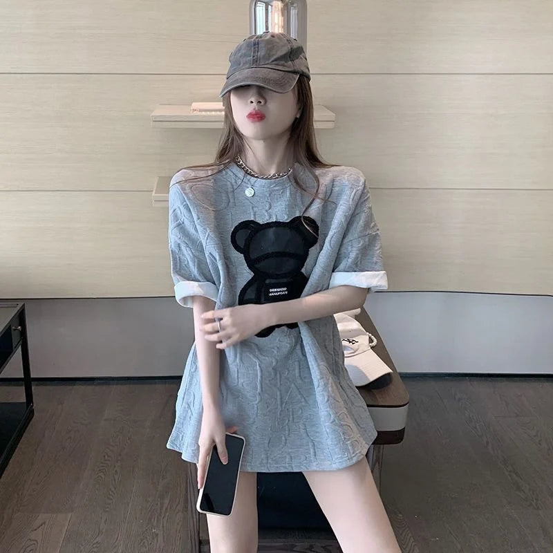 Summer Cotton Short Sleeve T Shirts Women Casual Cartoon Bear Loose T-shirt O-neck Basic Crop Tops High Streetwear Fashion Tees