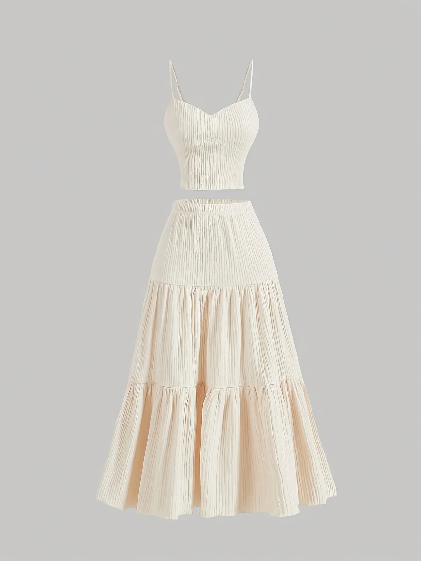 Plus Size Women's Beige Ribbed Cami Top + Tiered Maxi Skirt 2-Piece Set - Elegant Casual Party Style (0XL-4XL)